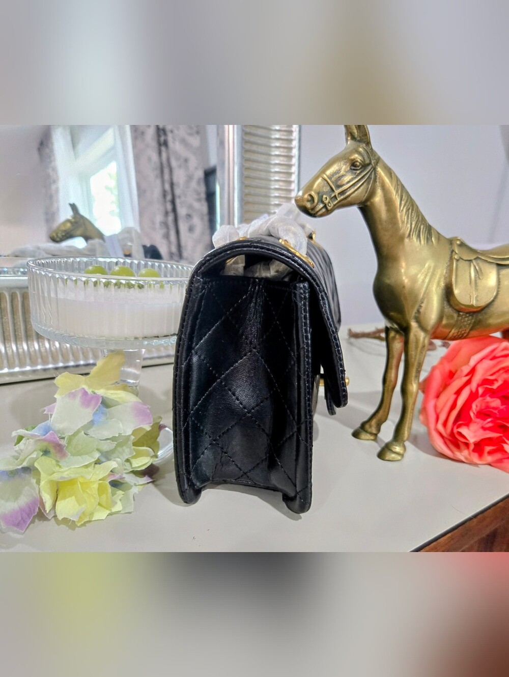 New Black Quilted Flap Bag - Vegan Leather With Gold Hardware